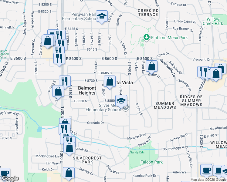 map of restaurants, bars, coffee shops, grocery stores, and more near 8793 South 1595 East in Sandy