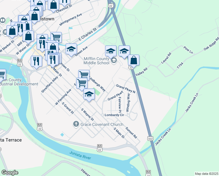 map of restaurants, bars, coffee shops, grocery stores, and more near 107 Grand Parkway North in Lewistown
