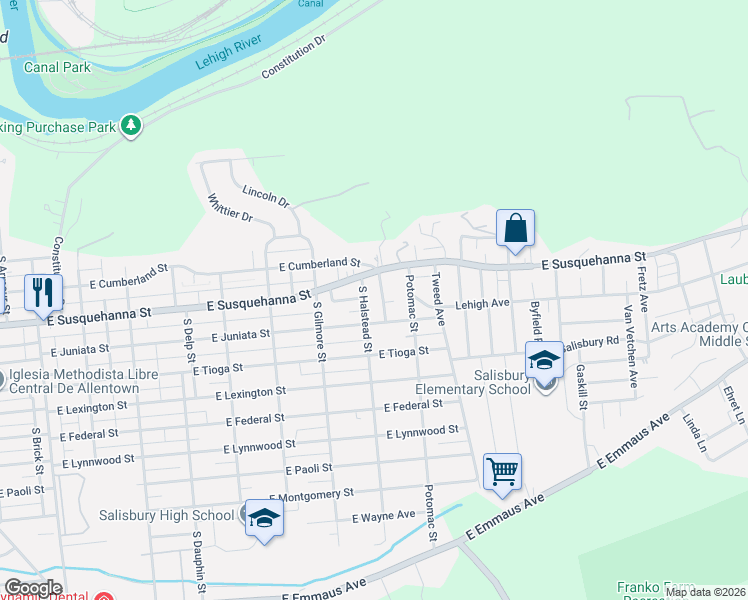 map of restaurants, bars, coffee shops, grocery stores, and more near 1215 South Halstead Street in Allentown