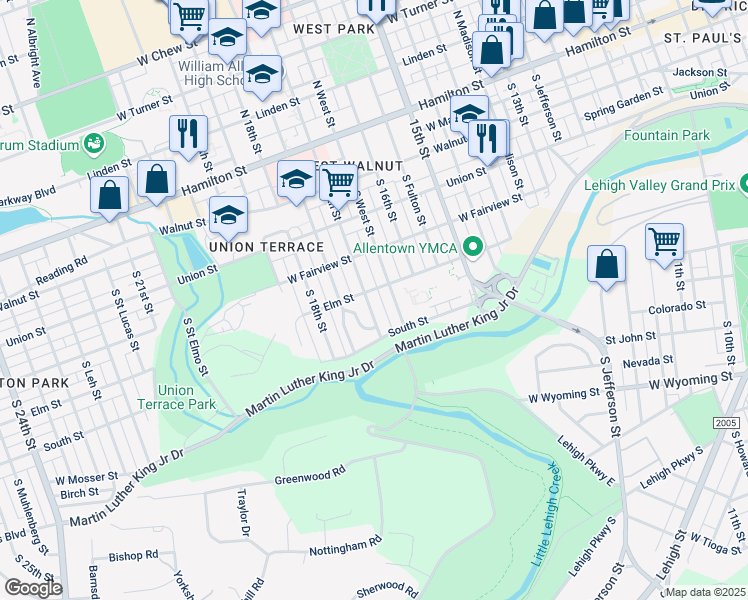 map of restaurants, bars, coffee shops, grocery stores, and more near 407 South 17th Street in Allentown