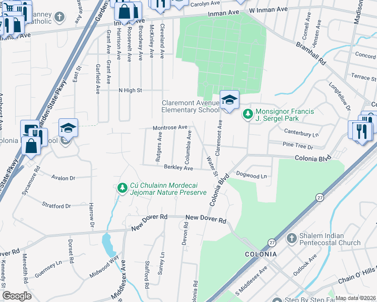 map of restaurants, bars, coffee shops, grocery stores, and more near 30 Columbia Avenue in Woodbridge Township