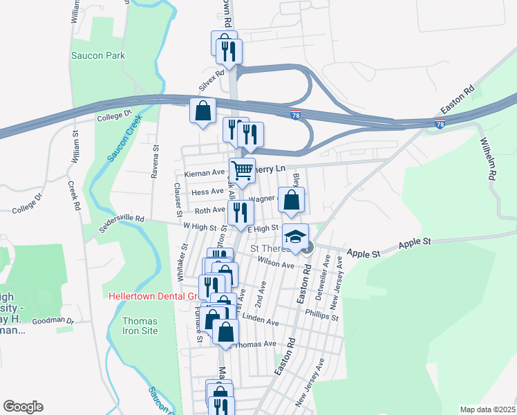 map of restaurants, bars, coffee shops, grocery stores, and more near 1550 Burkhardt Street in Hellertown