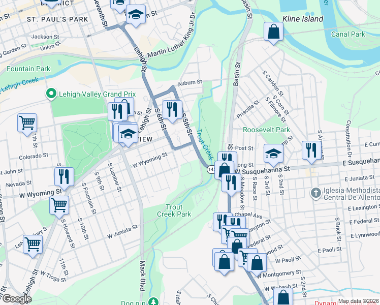map of restaurants, bars, coffee shops, grocery stores, and more near 509-515 Rye Street in Allentown