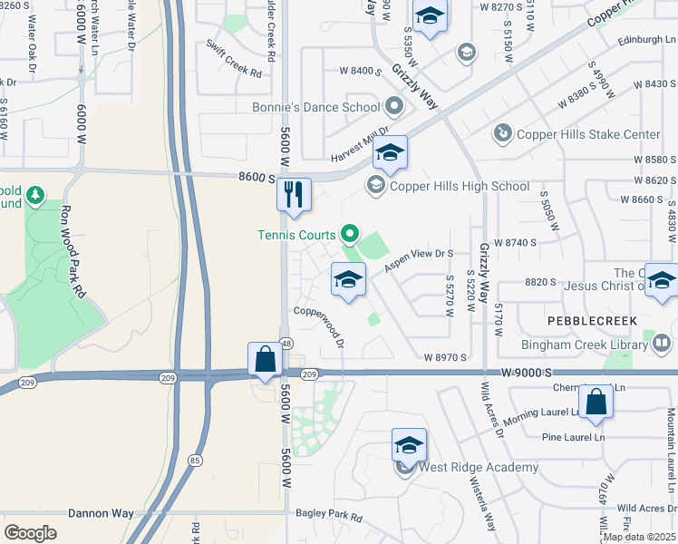 map of restaurants, bars, coffee shops, grocery stores, and more near 8782 South Placerville Cove in West Jordan