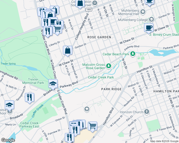 map of restaurants, bars, coffee shops, grocery stores, and more near 121 North Arch Street in Allentown