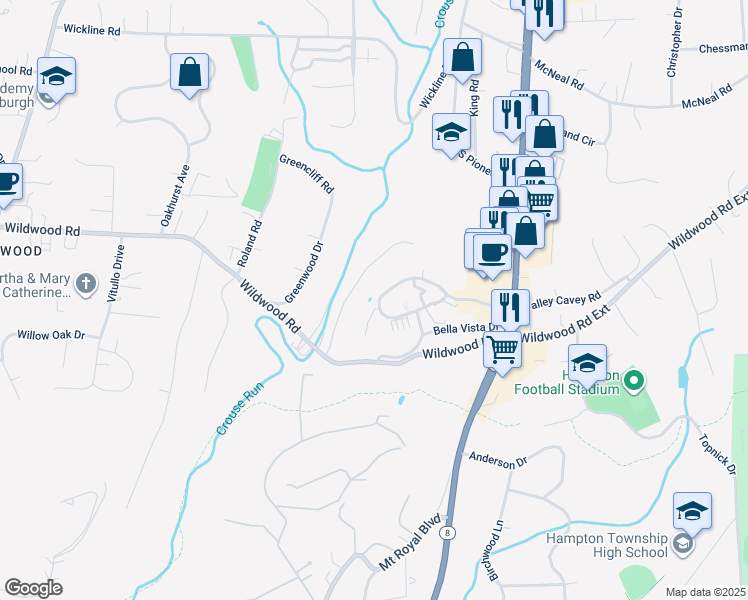 map of restaurants, bars, coffee shops, grocery stores, and more near 2735 Westminster Circle in Hampton Township