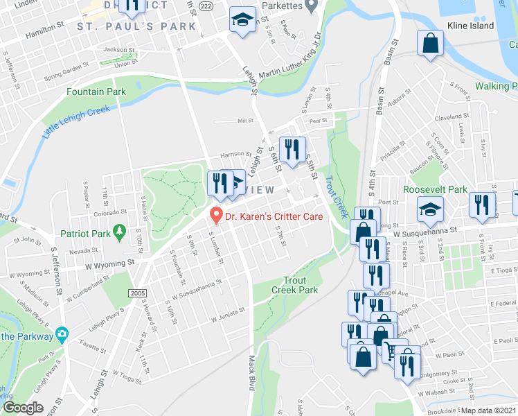 map of restaurants, bars, coffee shops, grocery stores, and more near Idaho St in Allentown