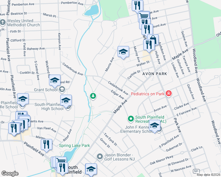 map of restaurants, bars, coffee shops, grocery stores, and more near 302 Edgar Avenue in South Plainfield