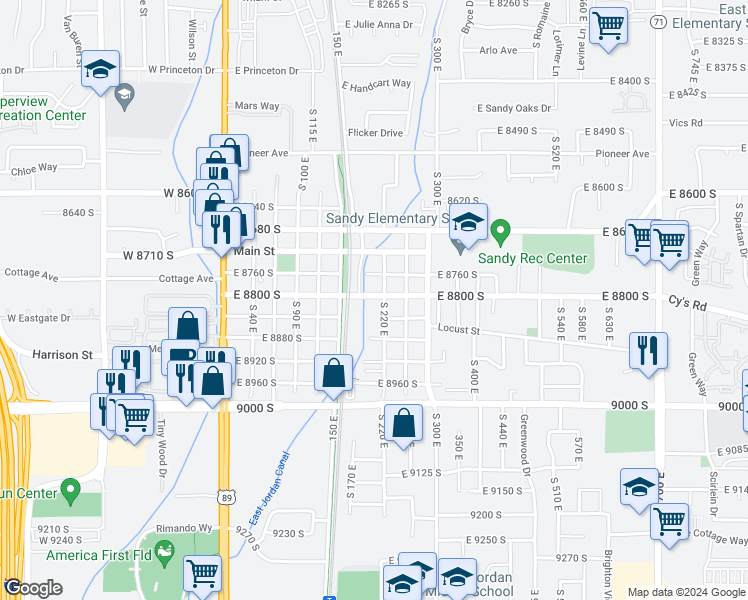 map of restaurants, bars, coffee shops, grocery stores, and more near 8812 South 220 East in Sandy