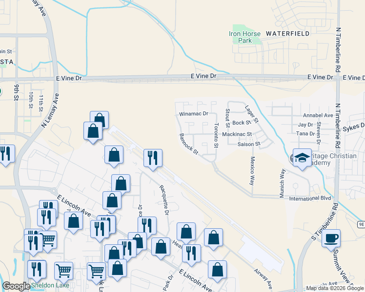 map of restaurants, bars, coffee shops, grocery stores, and more near 387 Coal Bank Drive in Fort Collins