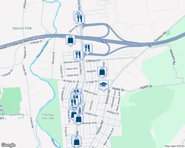 map of restaurants, bars, coffee shops, grocery stores, and more near 1550 Burkhardt Street in Hellertown