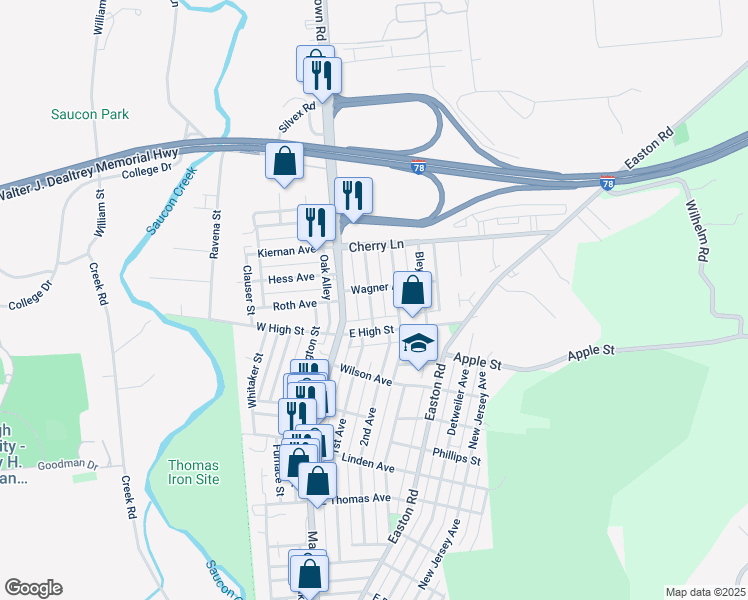 map of restaurants, bars, coffee shops, grocery stores, and more near 1549 Burkhardt Street in Hellertown