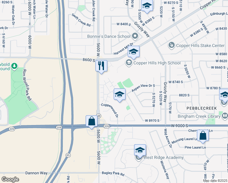 map of restaurants, bars, coffee shops, grocery stores, and more near 8787 South Big Bar Court in West Jordan