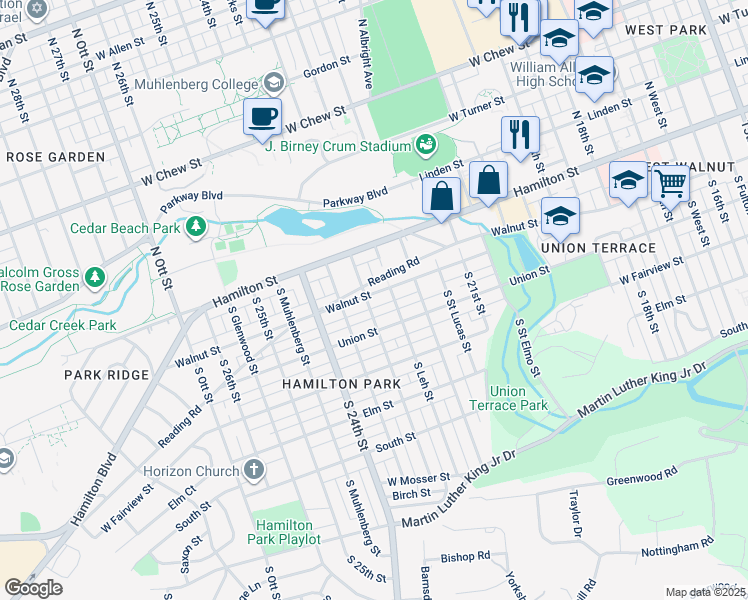 map of restaurants, bars, coffee shops, grocery stores, and more near 2250 Walnut Street in Allentown