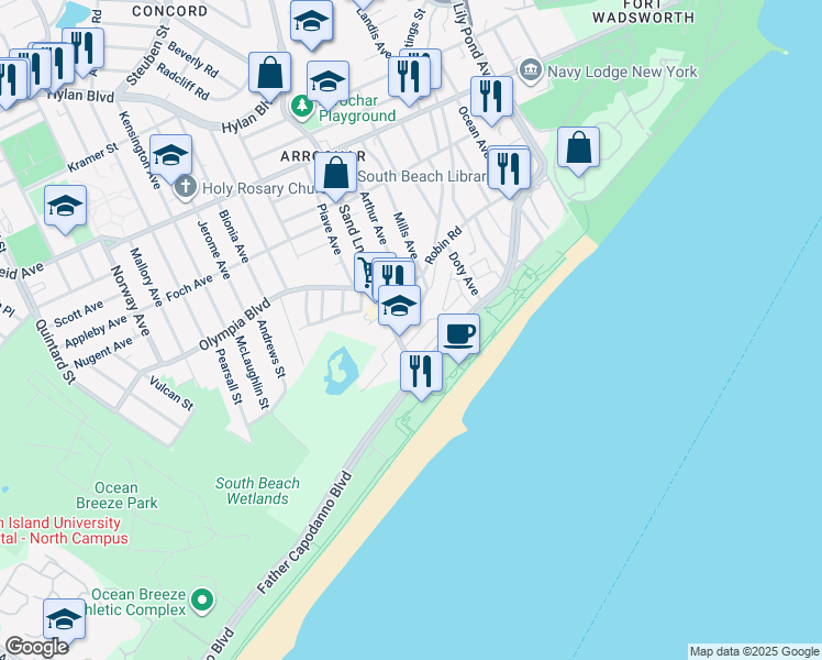map of restaurants, bars, coffee shops, grocery stores, and more near 78 Oceanside Avenue in Staten Island
