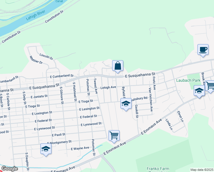 map of restaurants, bars, coffee shops, grocery stores, and more near 1236 Marlow Street in Allentown