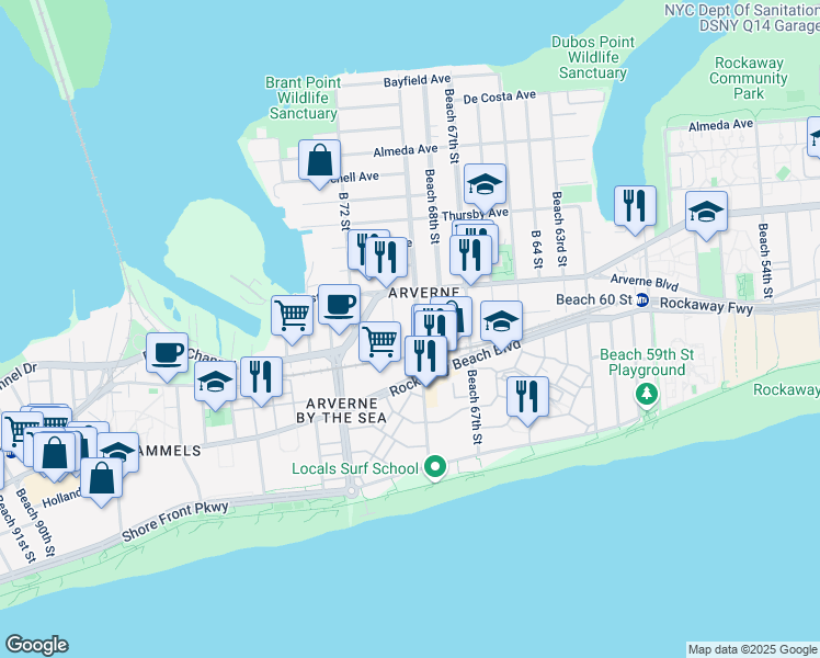 map of restaurants, bars, coffee shops, grocery stores, and more near 325 Beach 69th Street in Queens