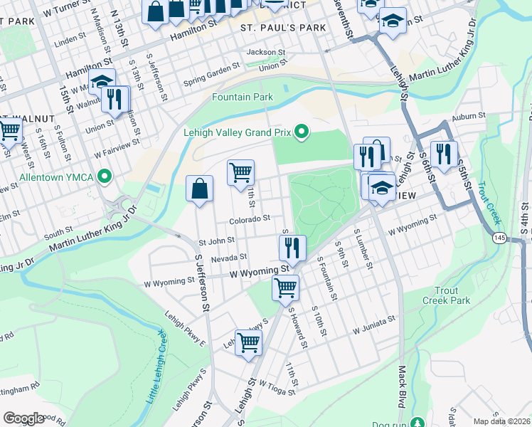 map of restaurants, bars, coffee shops, grocery stores, and more near 1025 Colorado Street in Allentown