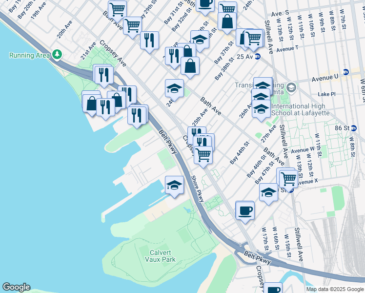 map of restaurants, bars, coffee shops, grocery stores, and more near 1843 Shore Parkway in Brooklyn