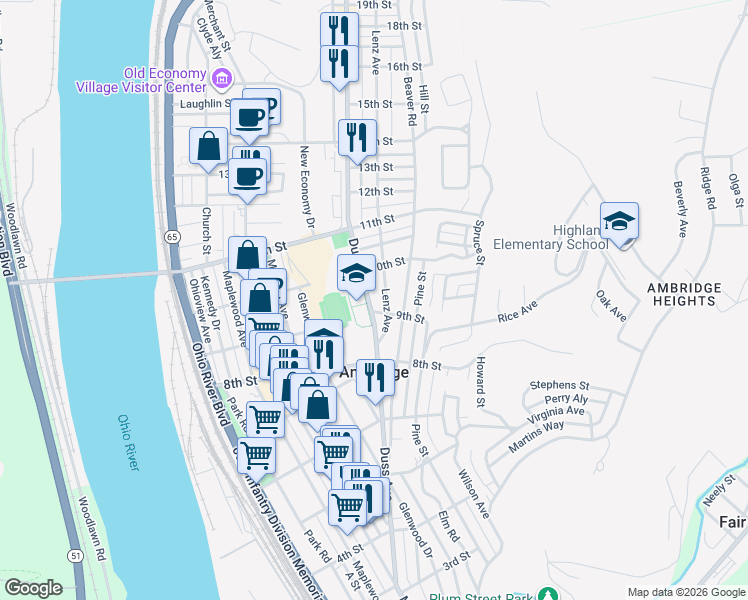 map of restaurants, bars, coffee shops, grocery stores, and more near 907 Lenz Avenue in Ambridge