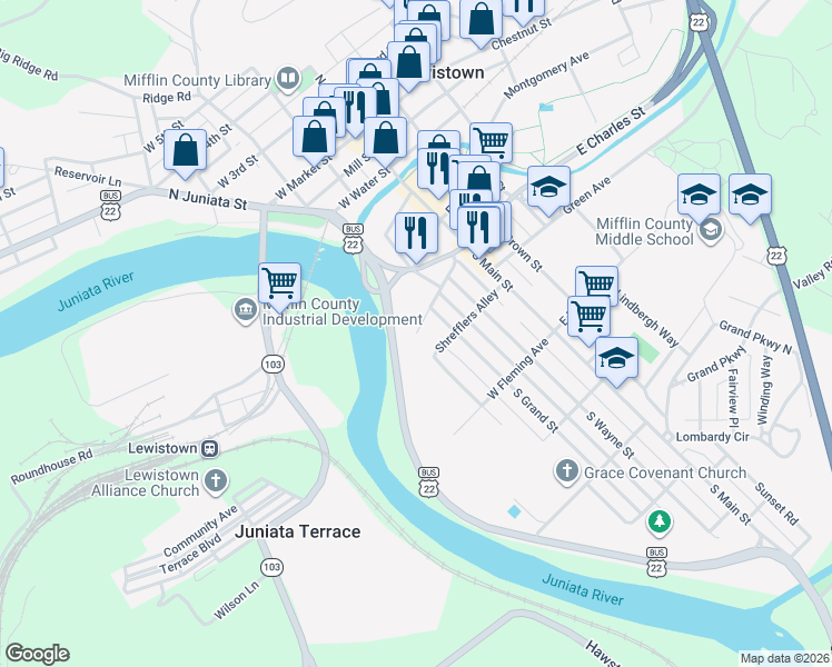 map of restaurants, bars, coffee shops, grocery stores, and more near 98 West Charles Street in Lewistown