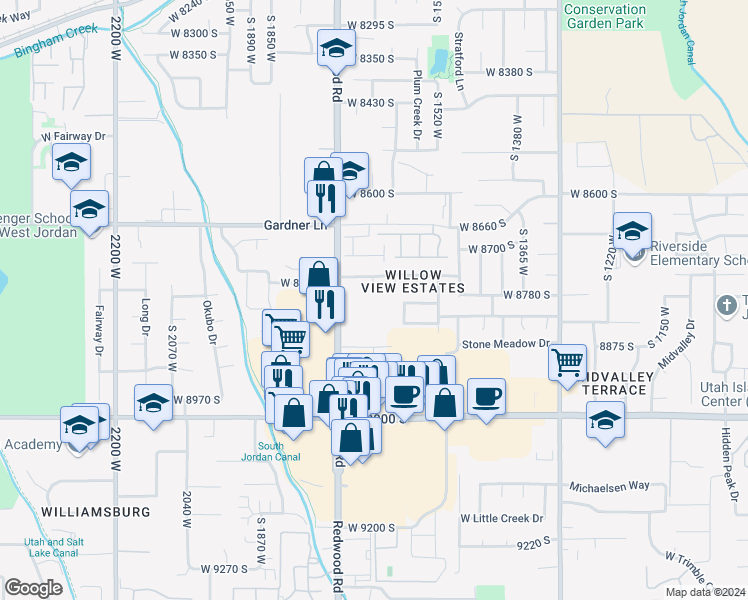 map of restaurants, bars, coffee shops, grocery stores, and more near 8779 South Redwood Road in West Jordan