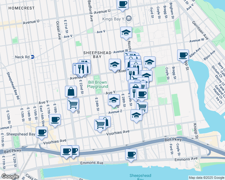 map of restaurants, bars, coffee shops, grocery stores, and more near 2473 East 26th Street in Brooklyn