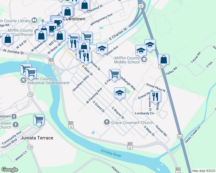 map of restaurants, bars, coffee shops, grocery stores, and more near 505 South Main Street in Lewistown