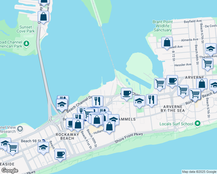 map of restaurants, bars, coffee shops, grocery stores, and more near 84-16 Beach 85th Street in Queens