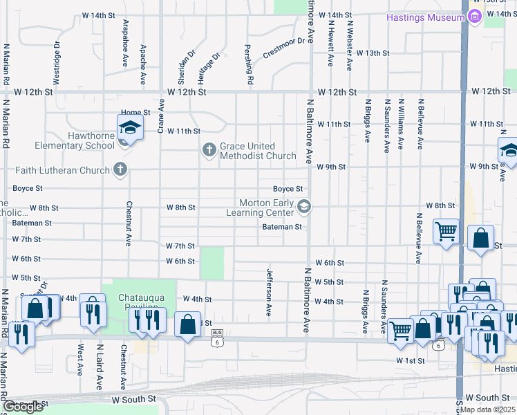 map of restaurants, bars, coffee shops, grocery stores, and more near 1699 W 8th St in Hastings