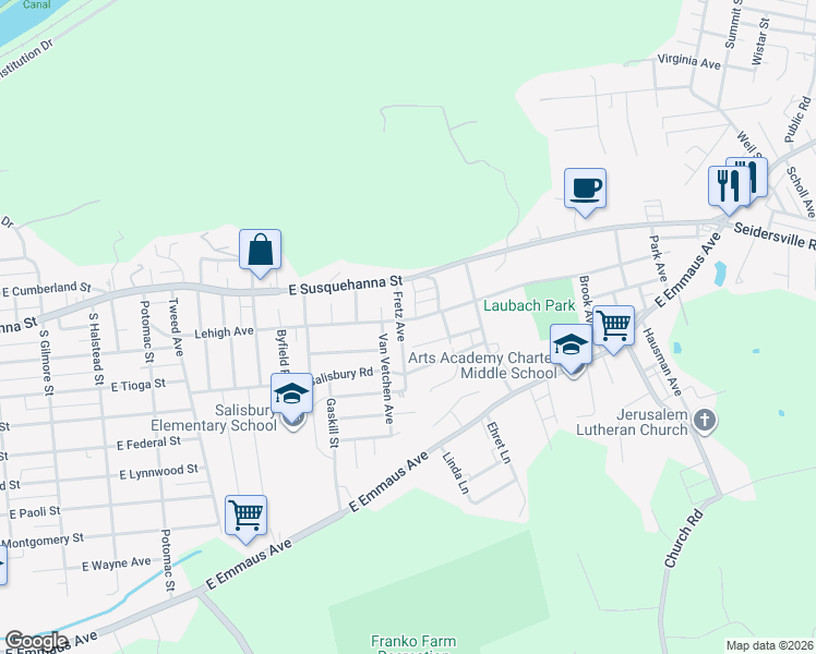 map of restaurants, bars, coffee shops, grocery stores, and more near 1408 Lehigh Avenue in Allentown