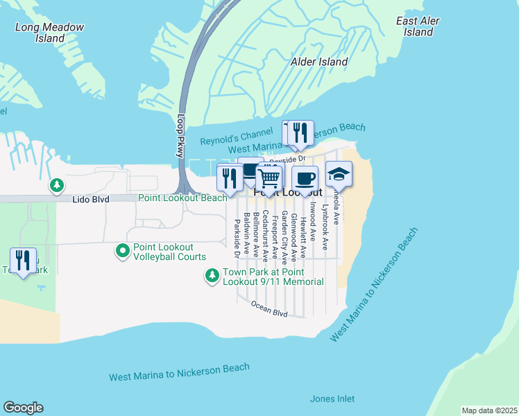map of restaurants, bars, coffee shops, grocery stores, and more near 54 Bellmore Avenue in Point Lookout