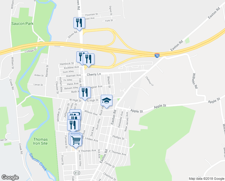 map of restaurants, bars, coffee shops, grocery stores, and more near 1555 Bleyler Street in Hellertown
