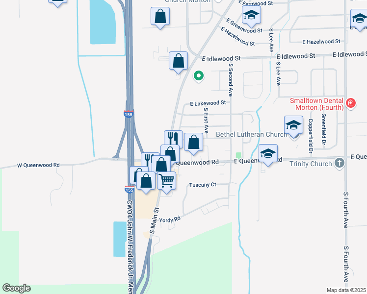 map of restaurants, bars, coffee shops, grocery stores, and more near 1810 South Main Street in Morton