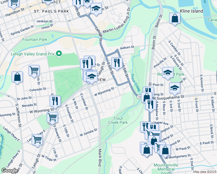 map of restaurants, bars, coffee shops, grocery stores, and more near 923 South 7th Street in Allentown