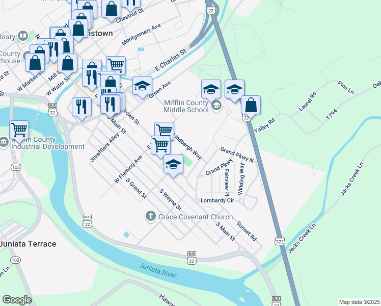 map of restaurants, bars, coffee shops, grocery stores, and more near 532 Lindbergh Way in Lewistown