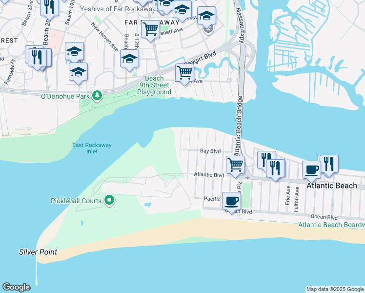 map of restaurants, bars, coffee shops, grocery stores, and more near 2150 Bay Boulevard in Atlantic Beach