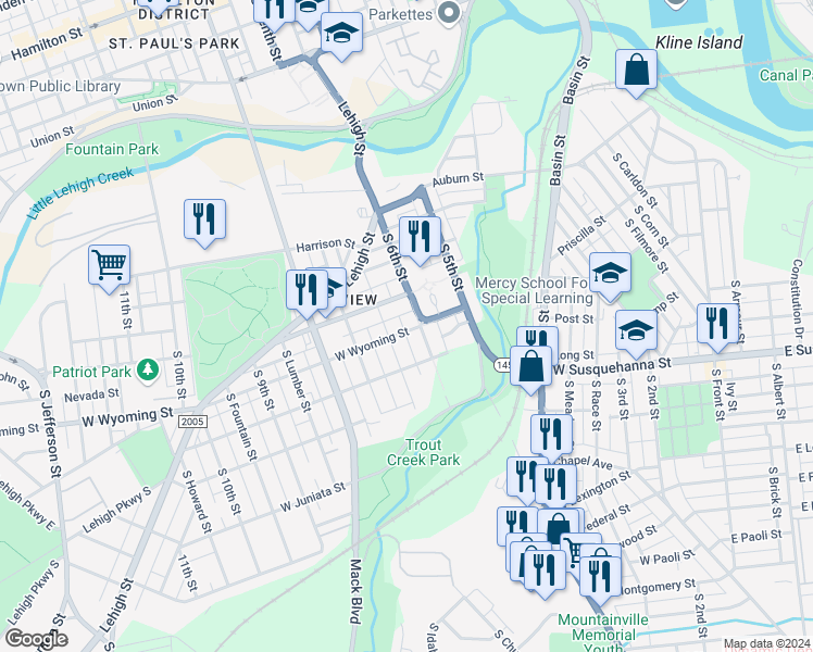 map of restaurants, bars, coffee shops, grocery stores, and more near 929 Virginia Street in Allentown