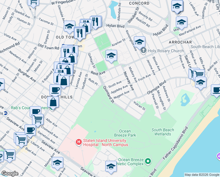 map of restaurants, bars, coffee shops, grocery stores, and more near 77 Appleby Avenue in Staten Island