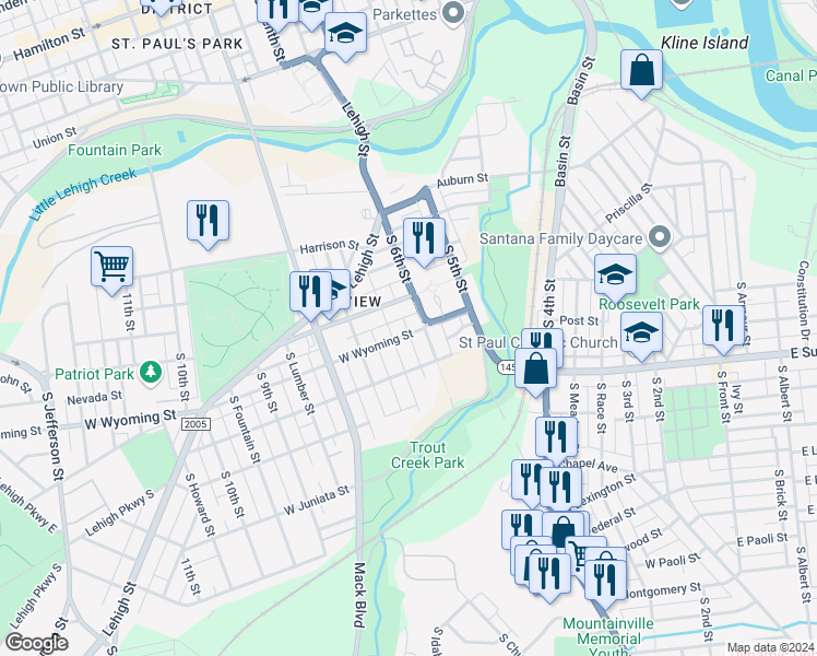 map of restaurants, bars, coffee shops, grocery stores, and more near 929 Virginia Street in Allentown