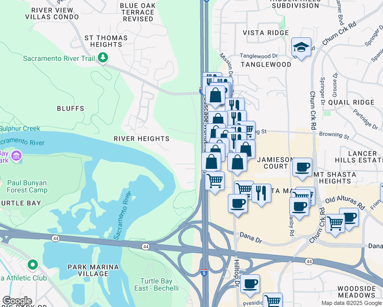 map of restaurants, bars, coffee shops, grocery stores, and more near 1094 Palisades Avenue in Redding