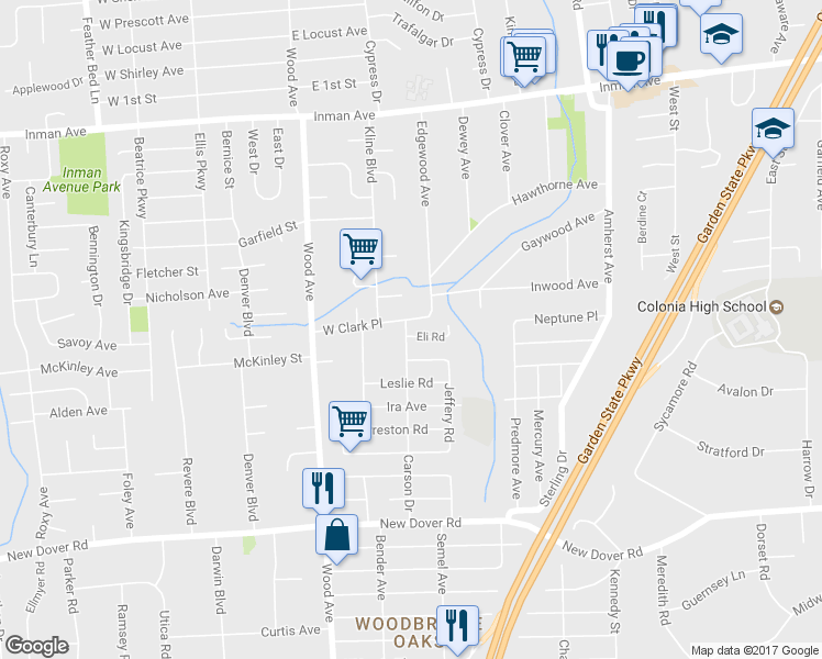 map of restaurants, bars, coffee shops, grocery stores, and more near 4 Eli Road in Woodbridge Township