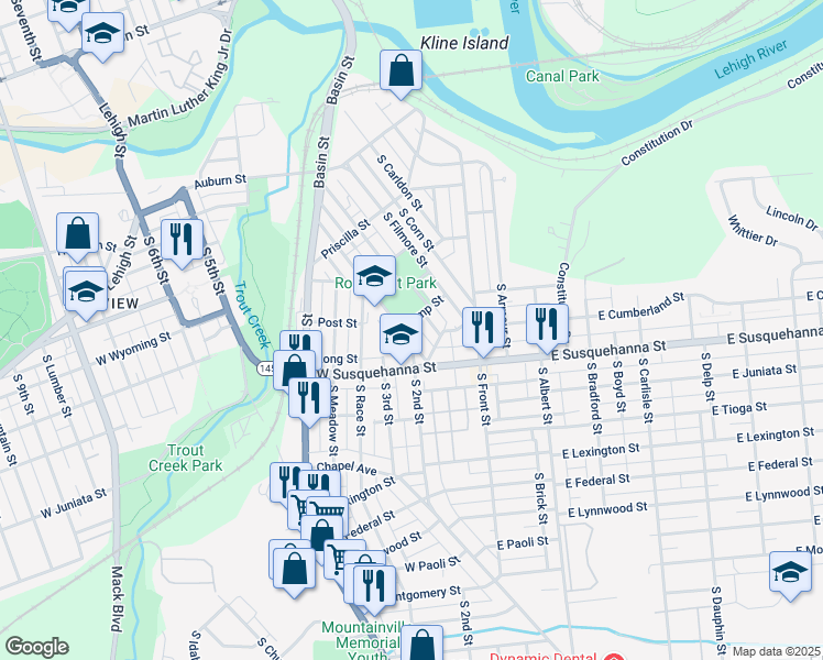 map of restaurants, bars, coffee shops, grocery stores, and more near 903 South Woodward Street in Allentown