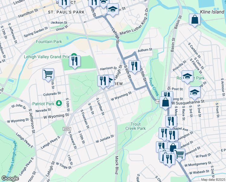 map of restaurants, bars, coffee shops, grocery stores, and more near 744 Saint John Street in Allentown