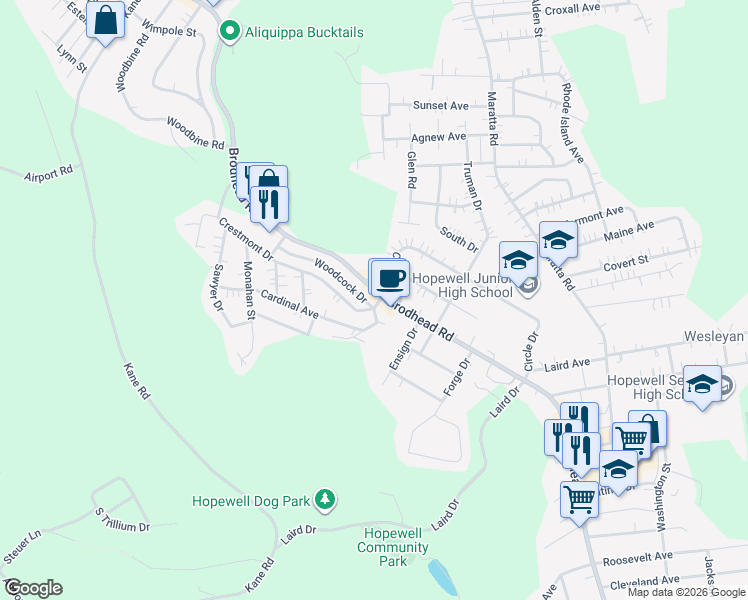 map of restaurants, bars, coffee shops, grocery stores, and more near 1939 Crestmont Drive in Aliquippa
