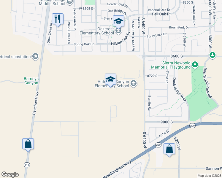 map of restaurants, bars, coffee shops, grocery stores, and more near 8800 South 6400 West in West Jordan