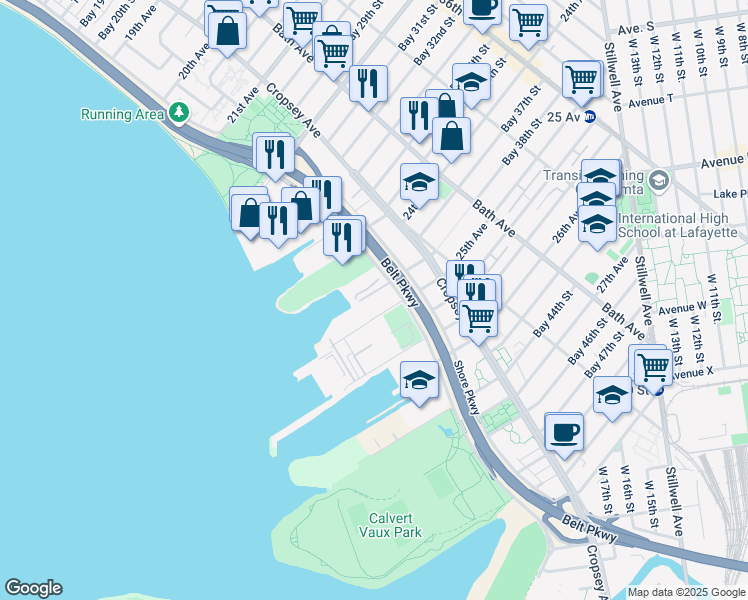 map of restaurants, bars, coffee shops, grocery stores, and more near 1800 Shore Parkway in Brooklyn