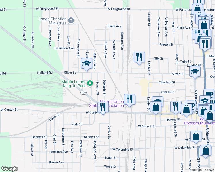 map of restaurants, bars, coffee shops, grocery stores, and more near 254 Edwards Street in Marion