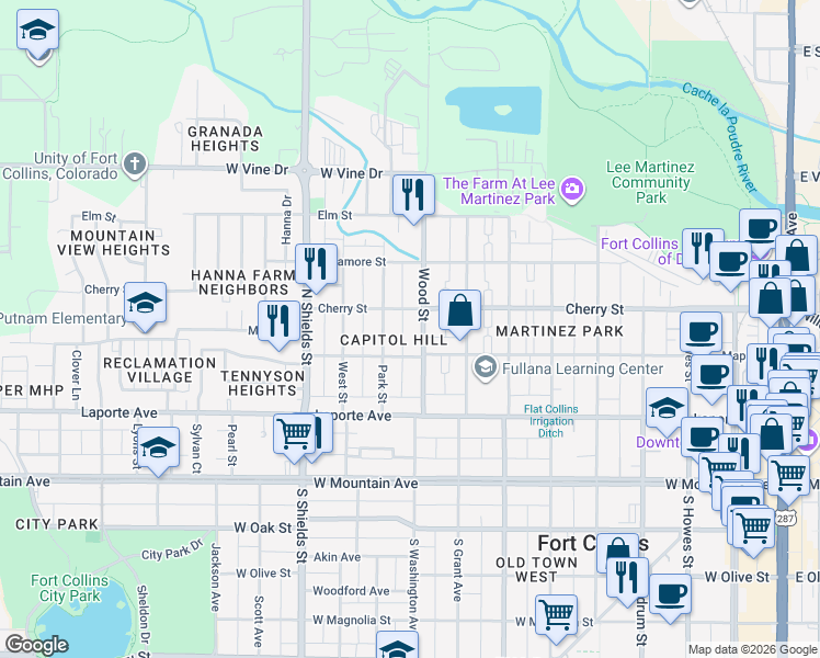 map of restaurants, bars, coffee shops, grocery stores, and more near 317 Wood Street in Fort Collins