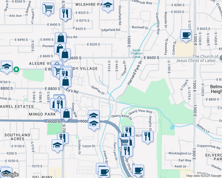 map of restaurants, bars, coffee shops, grocery stores, and more near 8811 South 910 East in Sandy